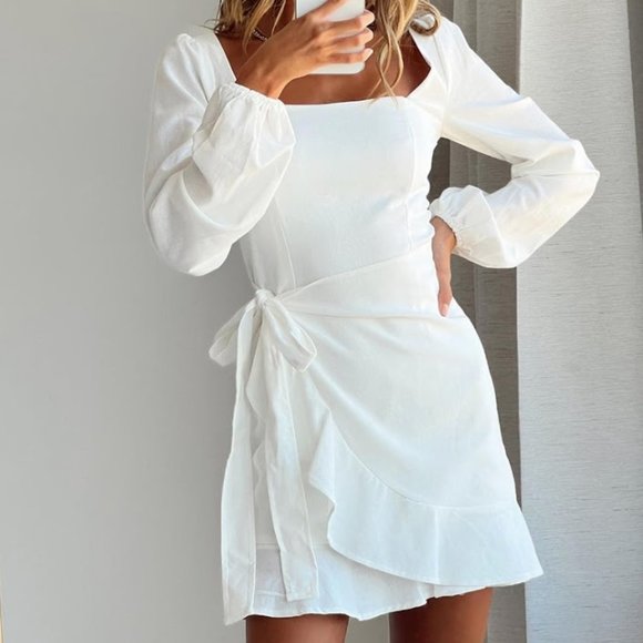 Princess Polly Dresses & Skirts - Princess Polly Long Sleeve Ivory Linen Faux Wrap Mini Short Square Neck Dress 8